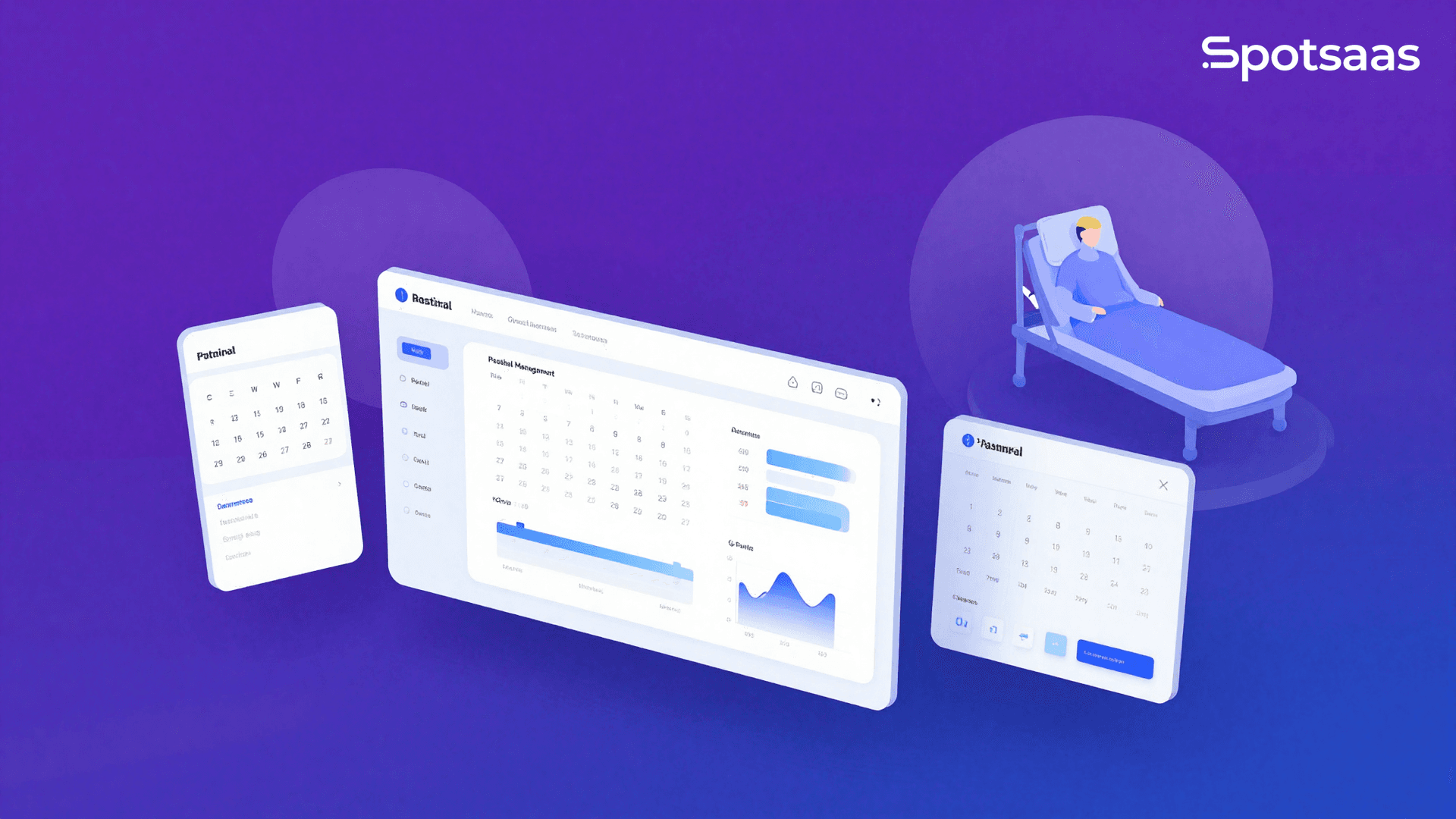 Hospital management software dashboard illustration with Spotsaas logo