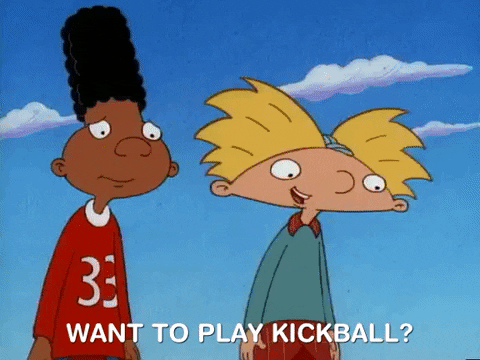 A boy asking "Want to play Kickball?"