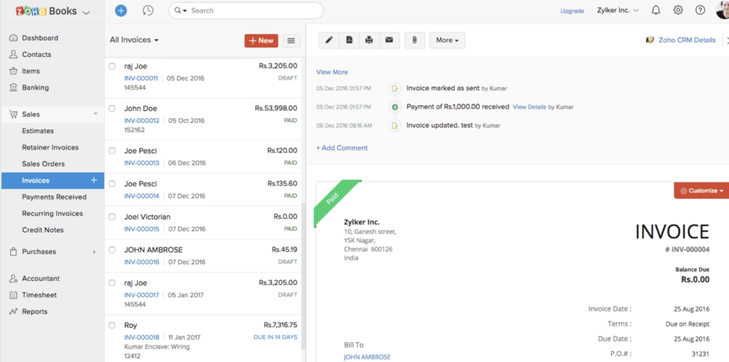 Online invoicing features of Zoho Books