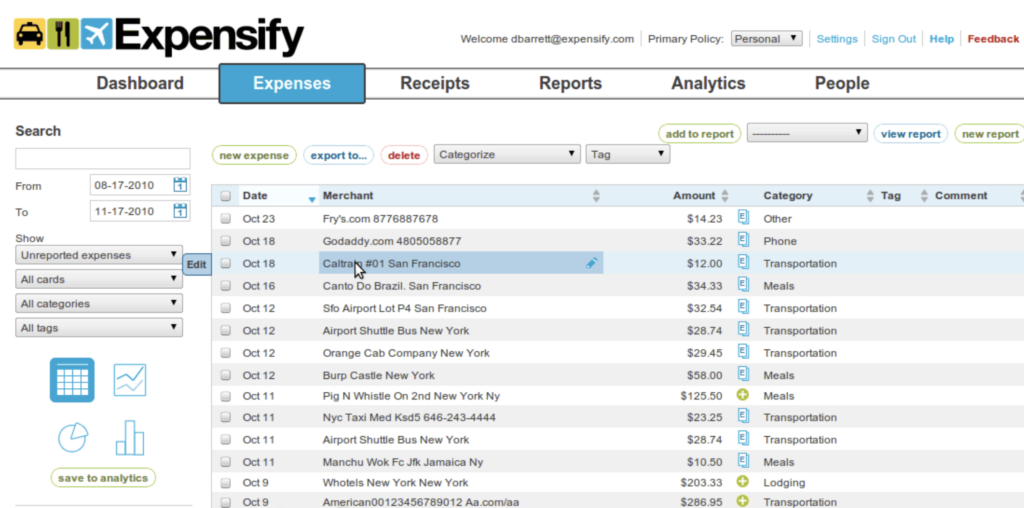 expenses and receipts tracking features of Expensify Software