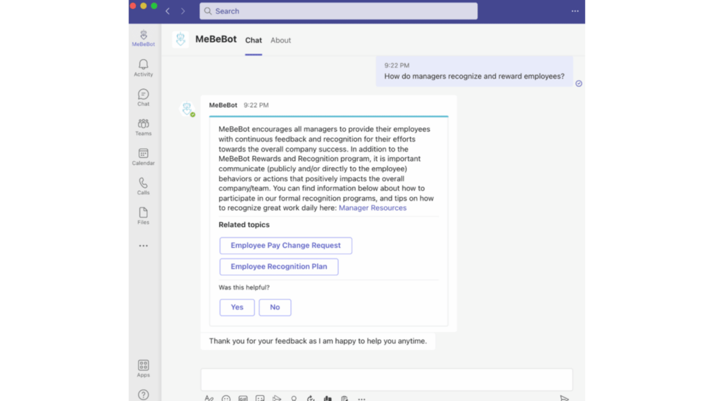 Top 5 Best HR Chatbots for Your Organization 11 MeBeBot in Teams